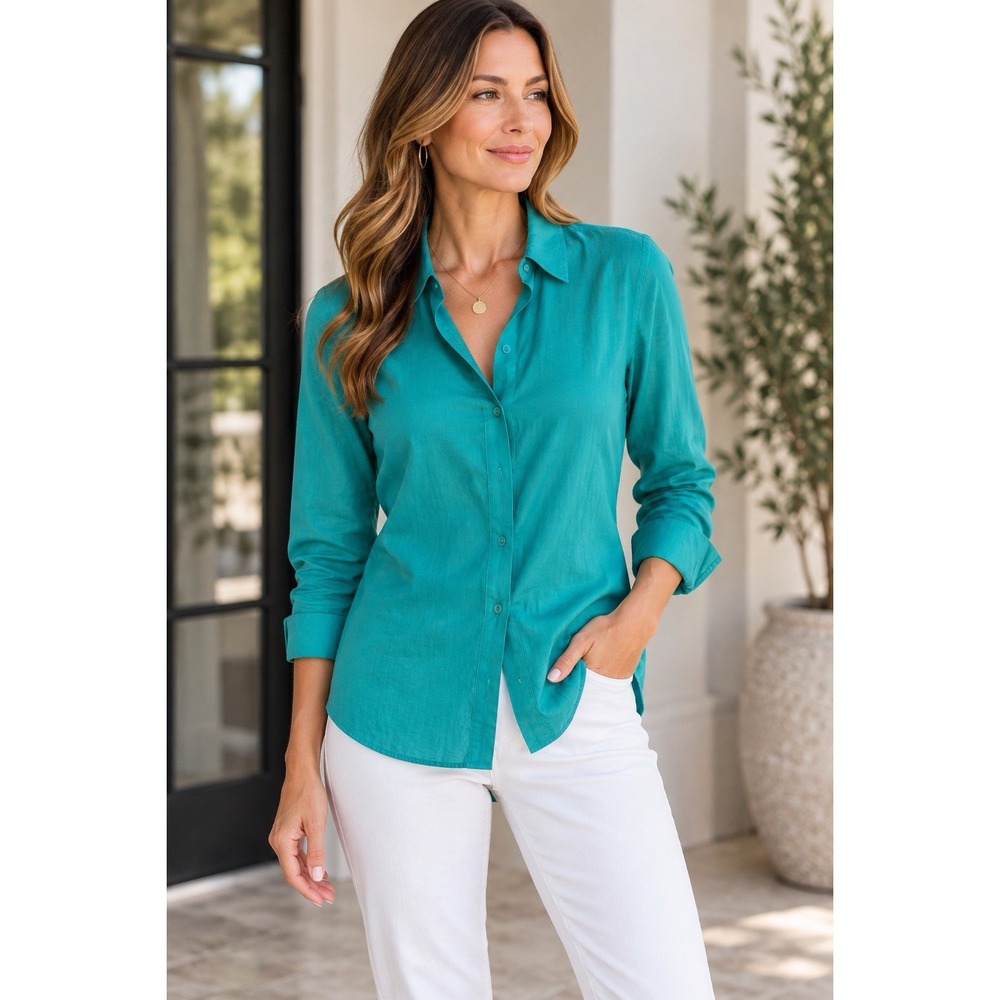 Lafayette 148 NY  Hidden Placket Blouse Womens Size 10 Turquoise Cotton Stretch
